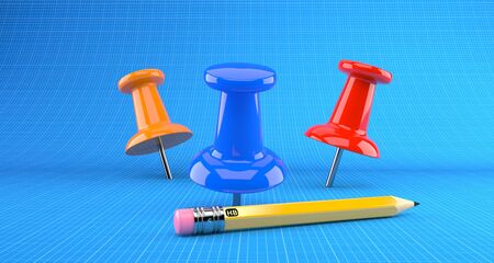 Thumbtacks with pencil on blueprint background
