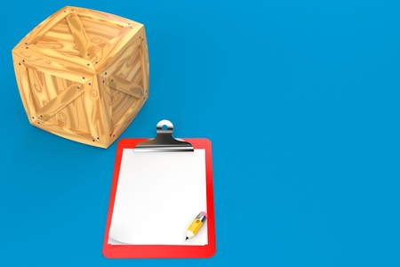 Cargo crate with blank clipboard isolated on blue backgroundの写真素材
