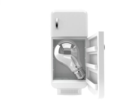 Open fridge with light bulb isolated on white backgroundの写真素材