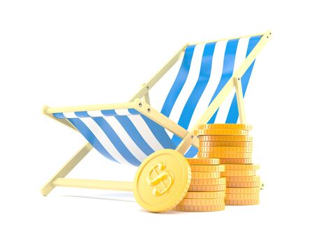 Deck chair with stack of coins isolated on white backgroundの写真素材