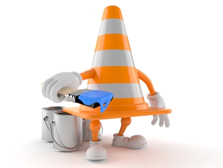 Traffic cone character holding paintbrush isolated on white backgroundの写真素材