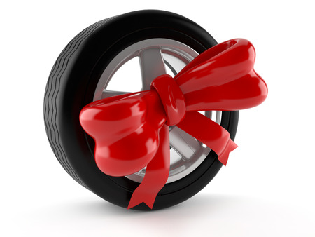 Car wheel with ribbon isolated on white backgroundの写真素材