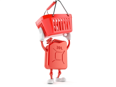 Petrol canister character holding shopping basket isolated on white backgroundの写真素材