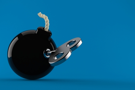 Bomb with key isolated on blue backgroundの写真素材