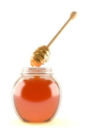 Jar of honey isolated on white backgroundの写真素材