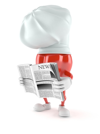 Paprika character reading newspaper on white backgroundの写真素材