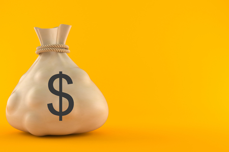 Money bag with dollar currency symbol isolated on orange backgroundの写真素材