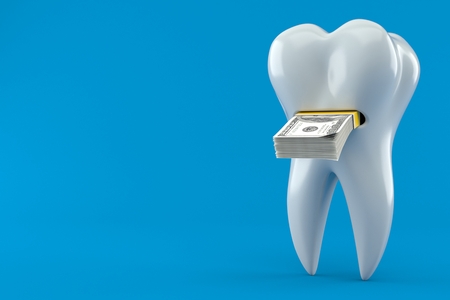 Tooth with money isolated on blue backgroundの写真素材