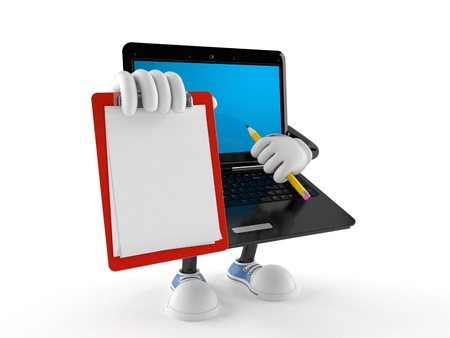 Laptop character with blank clipboard isolated on white backgroundの写真素材