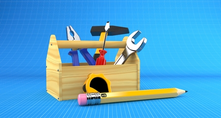 Wooden toolbox on blueprint backgroundの写真素材