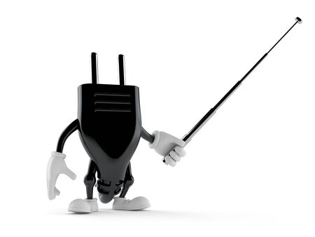 Electric plug character aiming with pointer stick isolated on white background