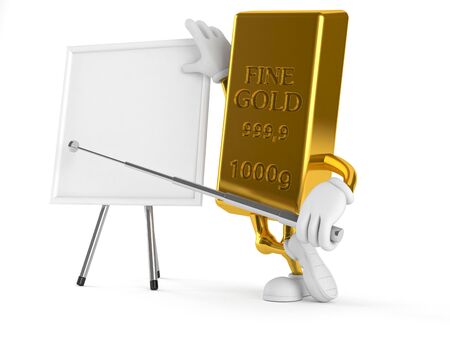 Gold character with blank whiteboard isolated on white backgroundの写真素材