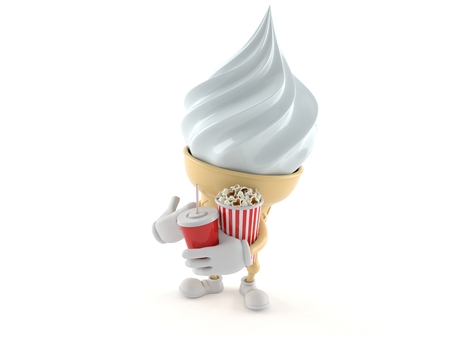 Ice cream character with soda and popcorn isolated on white backgroundの写真素材
