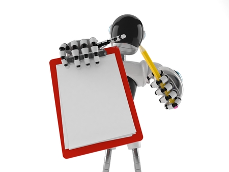 Cyborg with blank clipboard isolated on white backgroundの写真素材