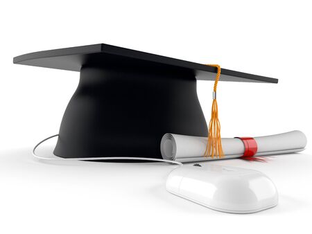 Mortarboard with computer mouse isolated on white backgroundの写真素材