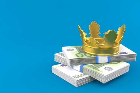 Euro currency with crown isolated on blue backgroundの写真素材