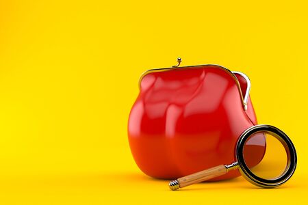 Purse with magnifying glass isolated on orange backgroundの写真素材