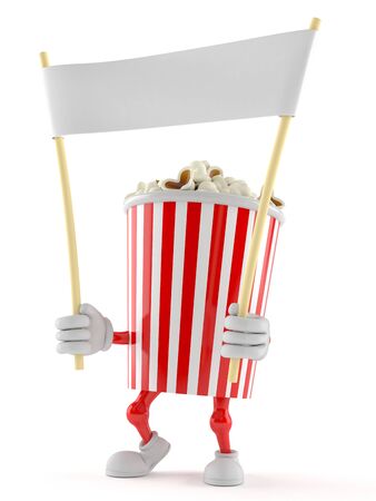 Popcorn character holding blank banner on white backgroundの写真素材