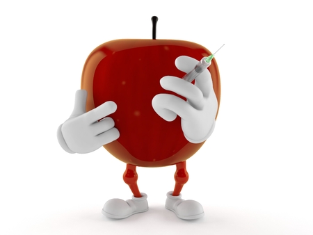 Apple character holding syringe isolated on white backgroundの写真素材