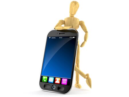 Wooden dummy with smart phone isolated on white backgroundの写真素材