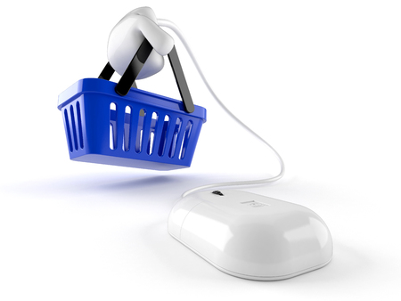 Computer mouse with shopping basket isolated on white backgroundの写真素材