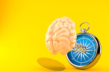 Brain with compass isolated on orange background