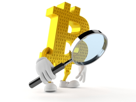 Bitcoin character looking through magnifying glass isolated on white backgroundの写真素材