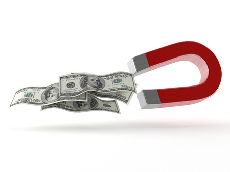 Horseshoe magnet with money isolated on white backgroundの写真素材