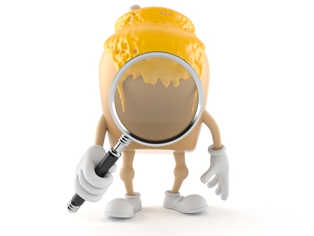 Honey jar character looking through magnifying glass isolated on white backgroundの写真素材