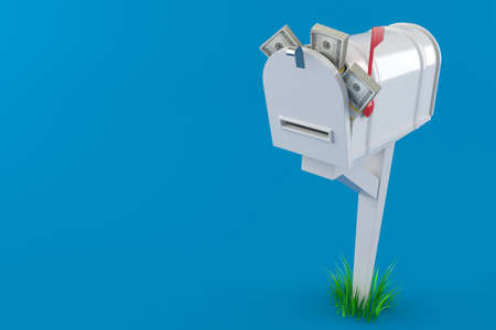 Mailbox with dollars isolated on blue backgroundの写真素材