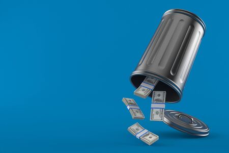Trash can with money isolated on blue backgroundの写真素材