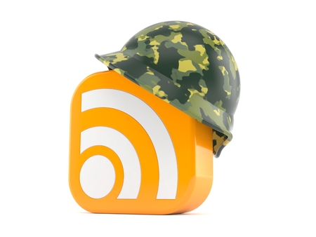 Helmet with RSS icon isolated on white backgroundの写真素材