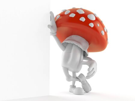 Toadstool character lean on wall isolated on white background. 3d illustrationの写真素材