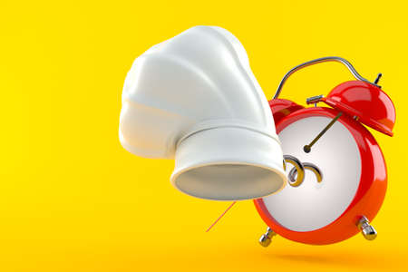Cooking hat with alarm clock isolated on orange background. 3d illustrationの写真素材