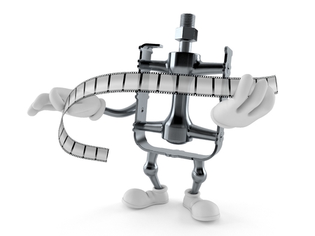 Bicycle pedal character holding film strip isolated on white background. 3d illustrationの写真素材