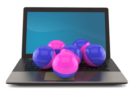 Paintball balls with laptop isolated on white background. 3d illustrationの写真素材