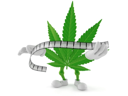 Cannabis character holding film strip isolated on white background. 3d illustrationの写真素材