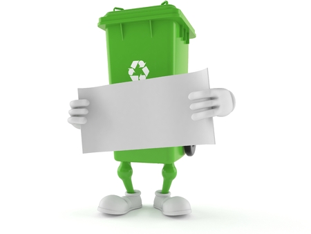 Dustbin character holding blank sheet of paper isolated on white background. 3d illustrationの写真素材