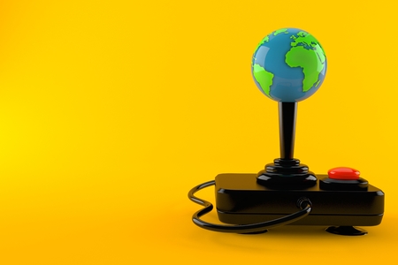 Joystick with world globe isolated on orange background. 3d illustrationの写真素材