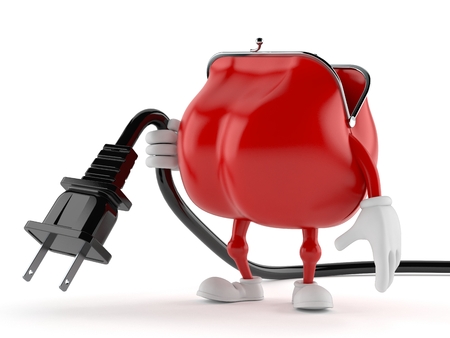 Purse character holding electric plug isolated on white background. 3d illustration