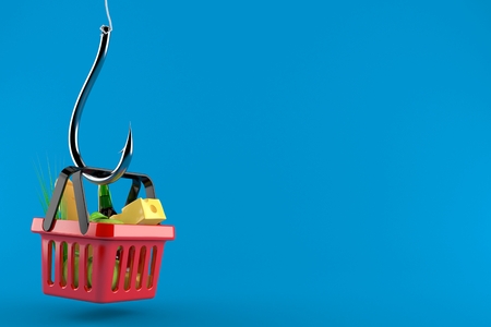 Shopping basket with fishing hook isolated on blue background. 3d illustration
