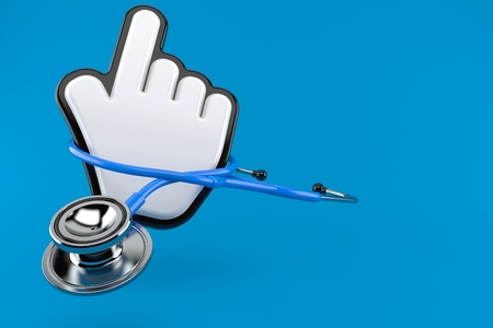 Internet cursor with stethoscope isolated on blue background. 3d illustrationの写真素材