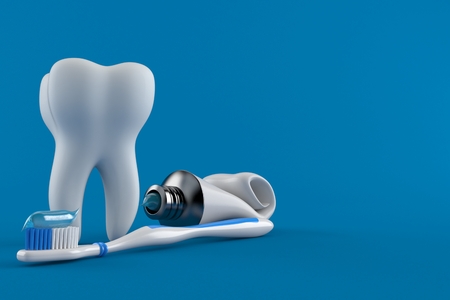 Tooth with toothpaste isolated on blue background. 3d illustrationの写真素材