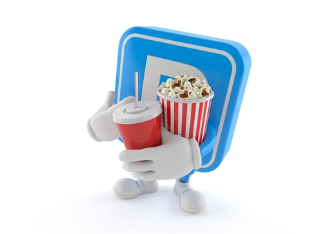 Parking symbol character holding popcorn and soda isolated on white background. 3d illustrationの写真素材