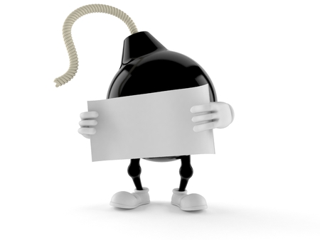 Bomb character holding blank sheet of paper isolated on white background. 3d illustrationの写真素材