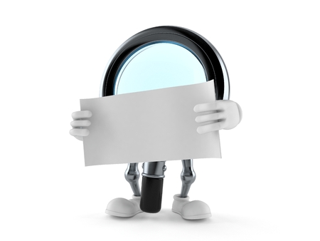Magnifying glass character holding blank sheet of paper isolated on white background. 3d illustrationの写真素材