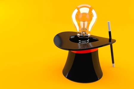 Magic hat with Light bulb isolated on orange background. 3d illustrationの写真素材