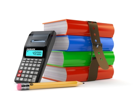 Books with calculator and pencil isolated on white background. 3d illustrationの写真素材