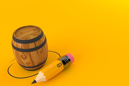 Wine cask with pencil isolated on orange background. 3d illustration