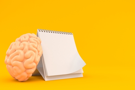 Brain with blank calendar isolated on orange background. 3d illustration